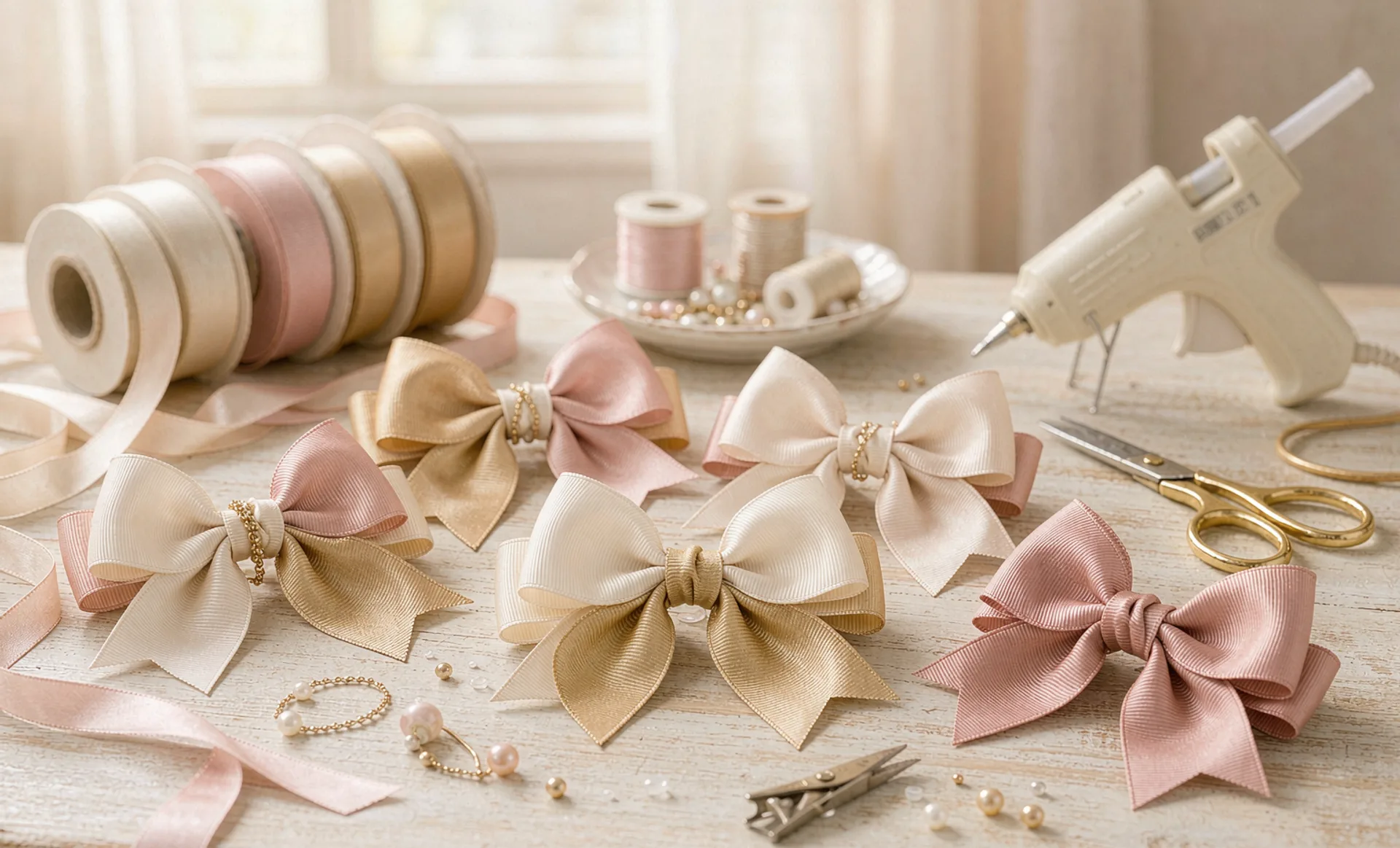 Handmade grosgrain hair bows in blush pink, cream and gold