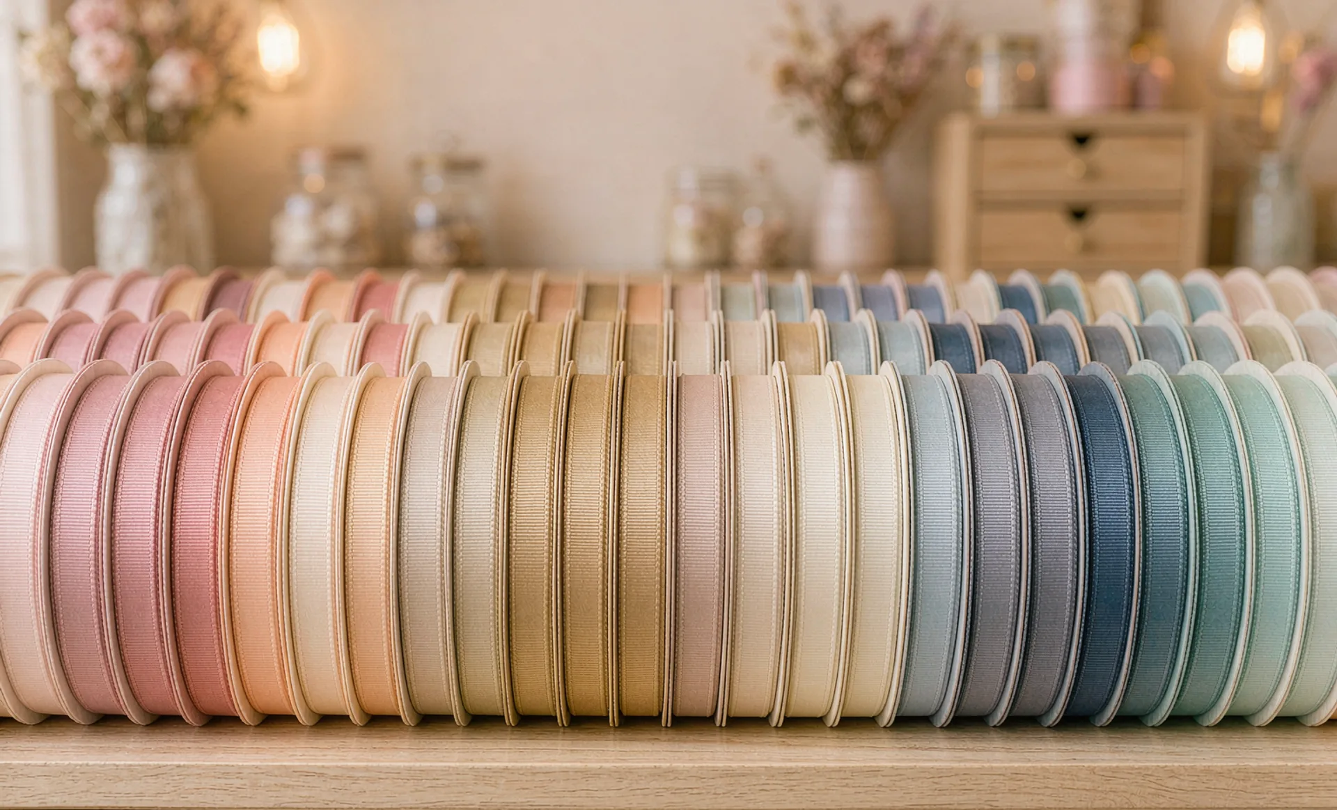 Grosgrain ribbon rolls in pastel colors