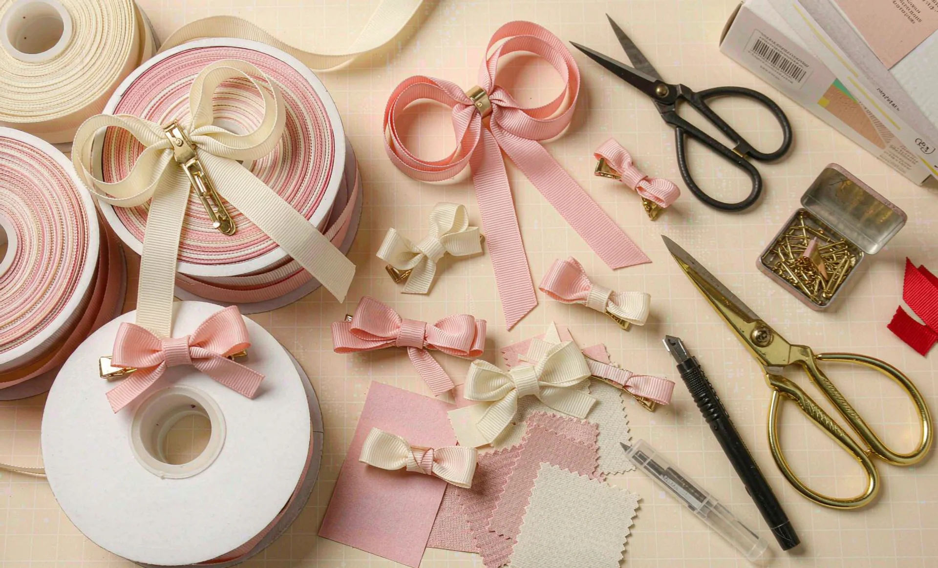 Flat lay of finished hair bow clips and ribbon spools