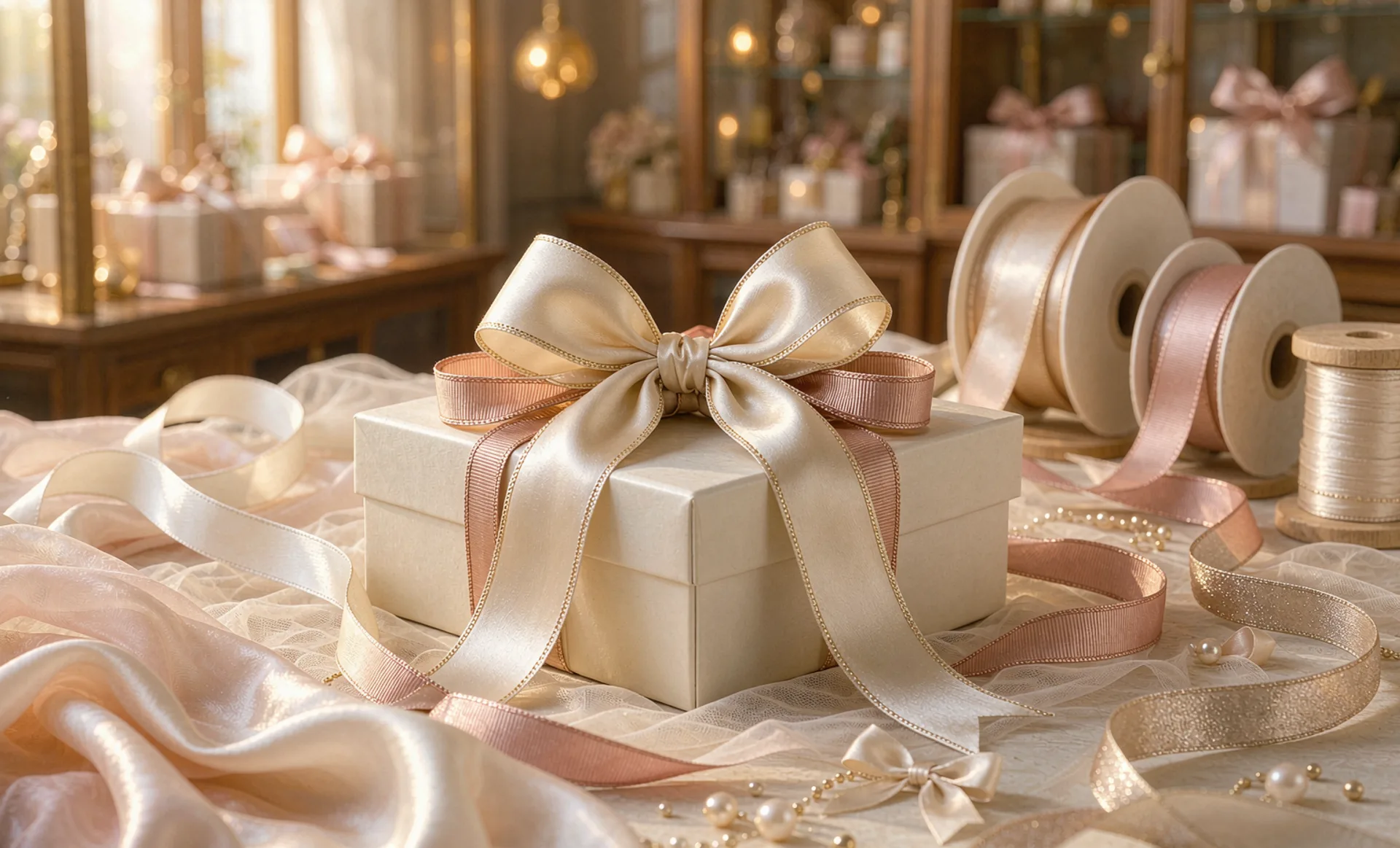 Elegant satin ribbon bow on a gift box
